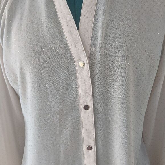 Vtg Cache Cream Brown Sheer Long-sleeve V-neck Blouse W/ Golden Dot Deta… - Picture 6 of 6